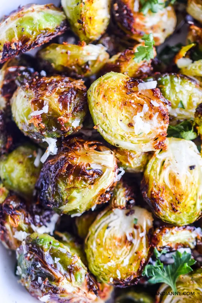close up detail of crispy sliced brussels sprouts