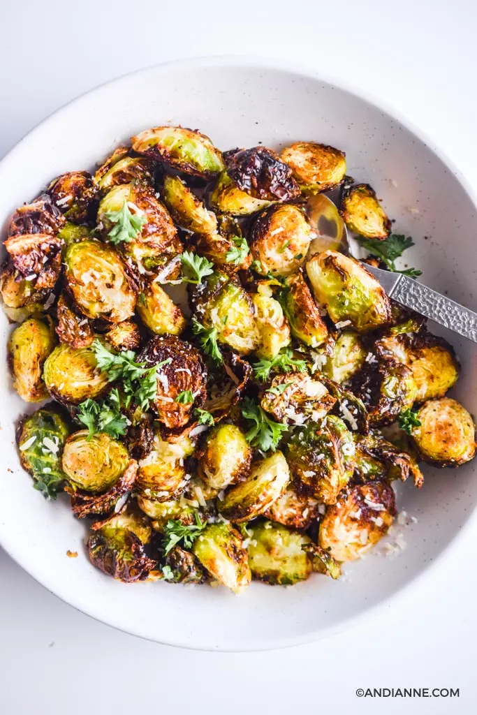 air fryer brussels sprouts in a white bowl