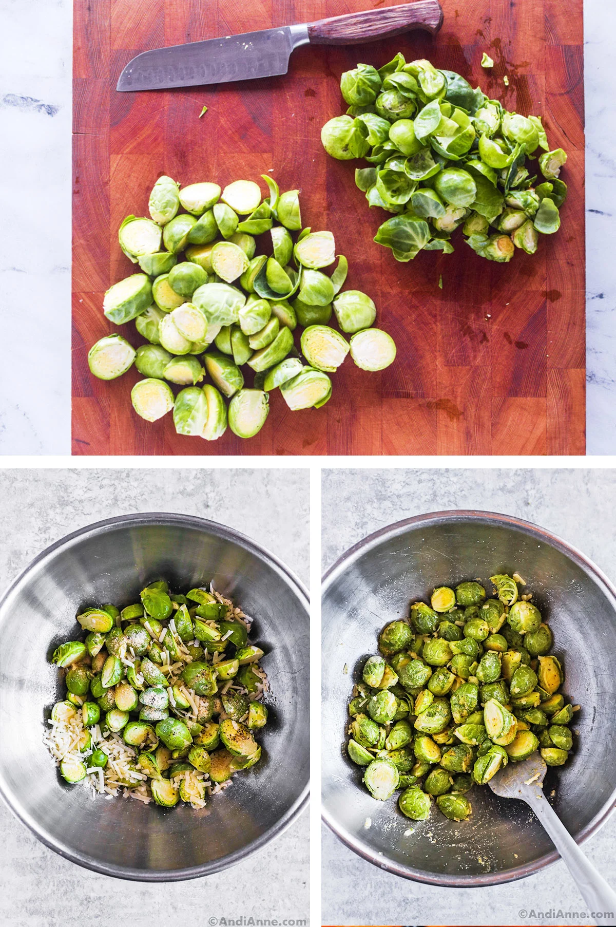 Three images, first is sliced brussels sprouts on cutting board, second and third are brussels sprouts in a large bowl with parmesan cheese and spices.