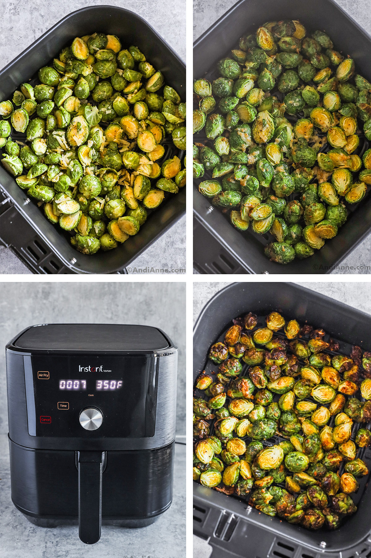 Brussels sprouts in an air fryer basket in various stages of cooking. 