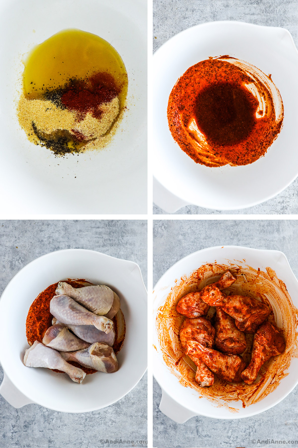 Four images, first two are a bowl with oil and spices, first unmixed then mixed. Second two images are raw chicken legs dumped into that bowl, first unmixed and then mixed.