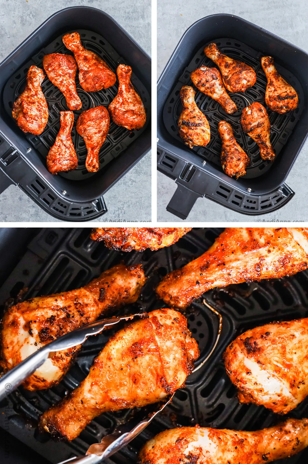 Three images of chicken legs in an air fryer basket covered in sauce in various cooking stages.