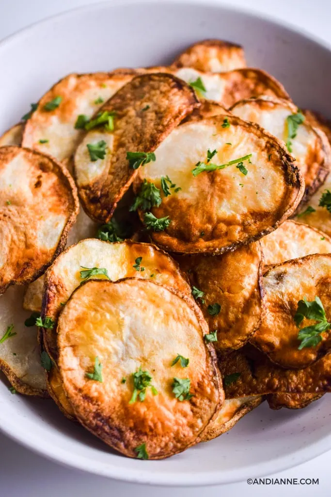 air fryer potato chips close up detail on a white plate