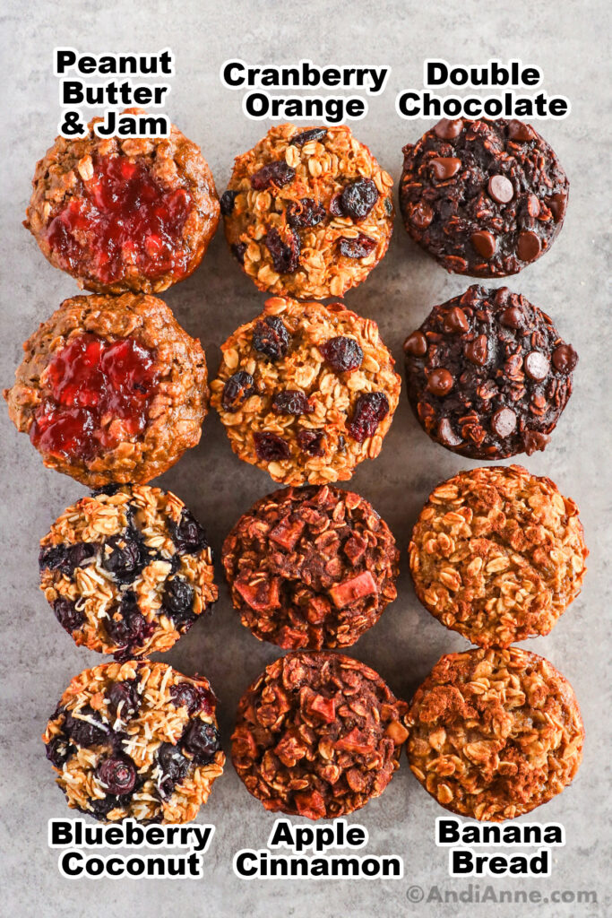 Baked oatmeal cups stacked on table with six flavors including peanut butter & jam, cranberry orange, double chocolate, blueberry coconut, apple cinnamon, and banana bread.