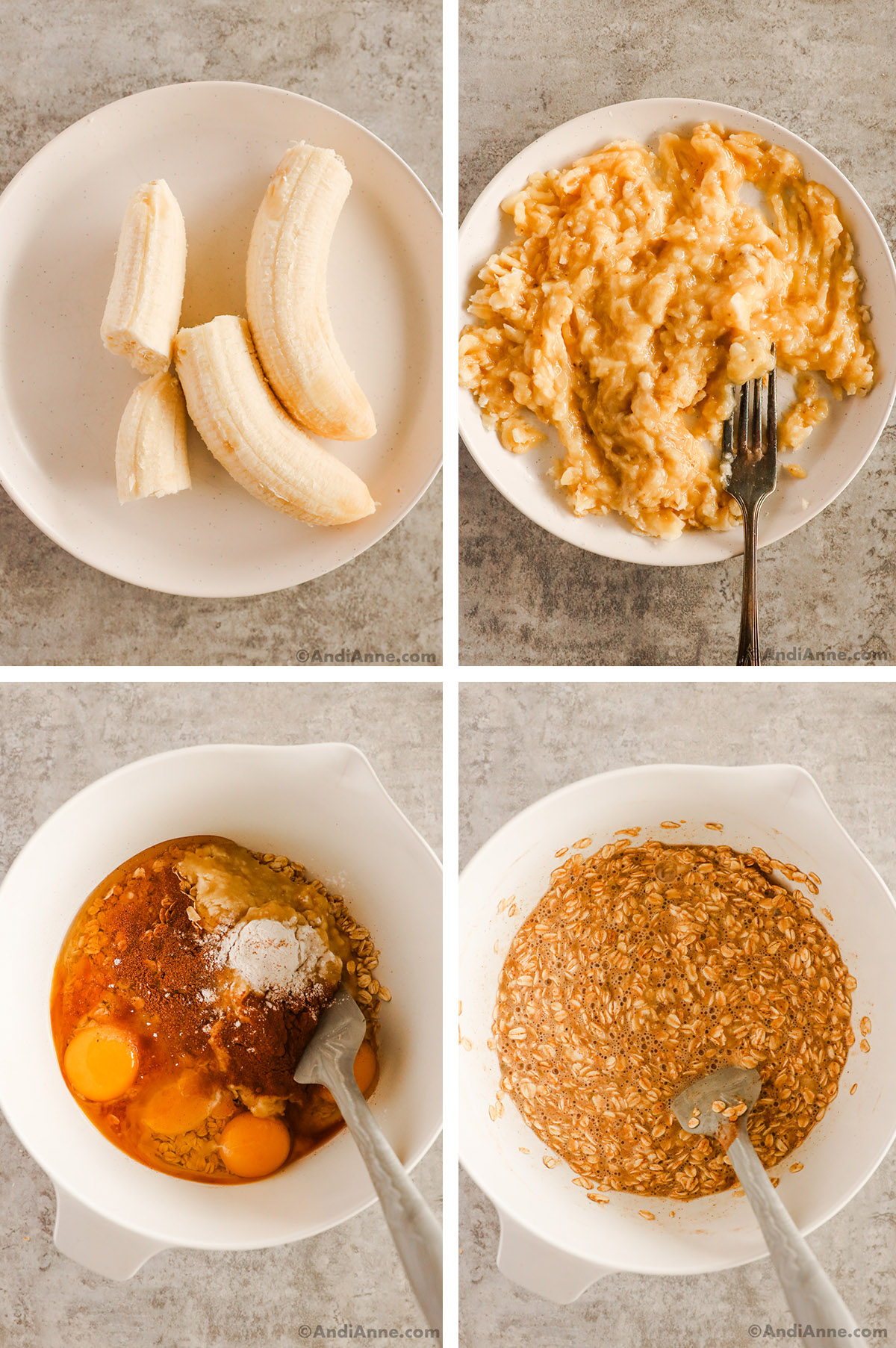 Four images including bananas on a plate, then mashed with a fork on a plate. A bowl with eggs, spices, baking powder and oats unmixed. Last photo is mixed together in bowl.
