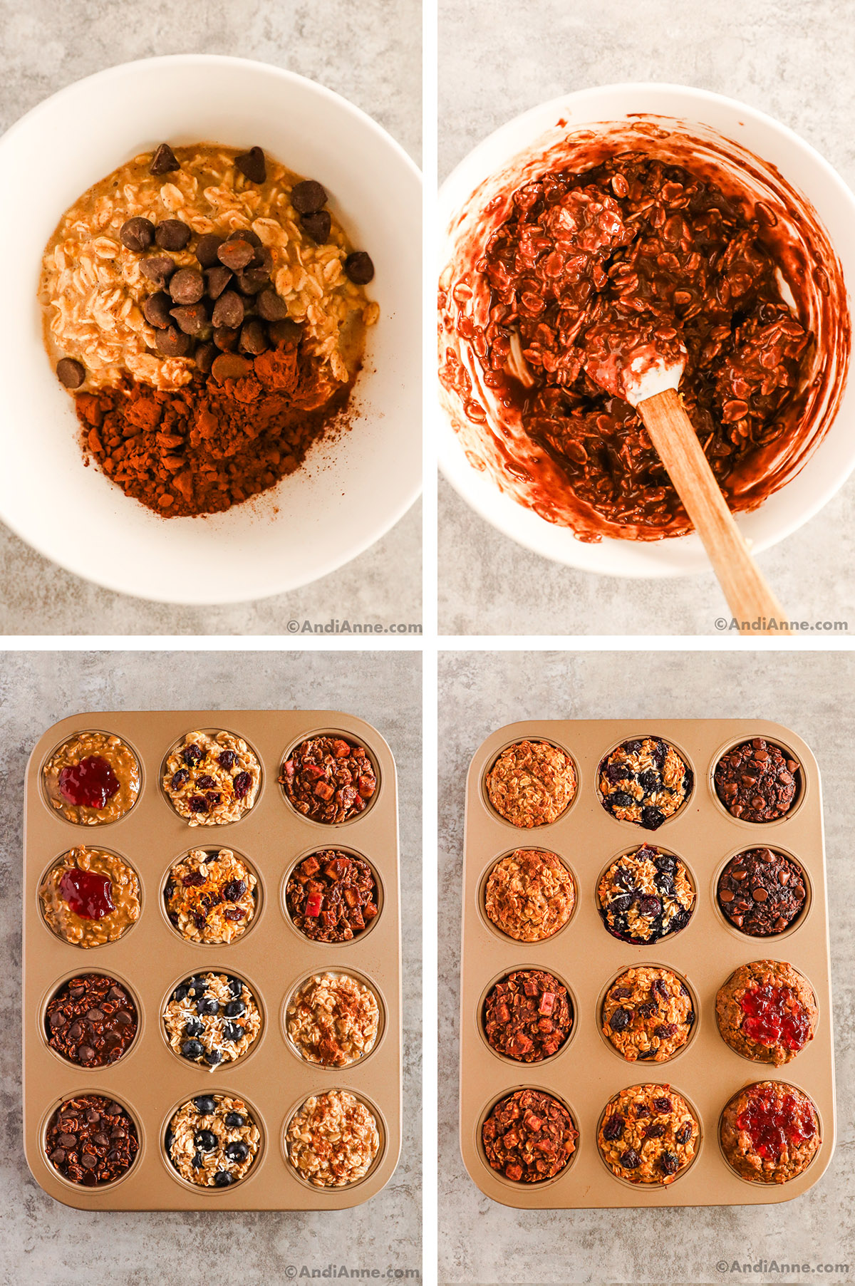 Four images together, first two are bowls with chocolate unmixed with oats, then mixed together. Second two are various muffin flavors in a muffin pan first unbaked, then baked.