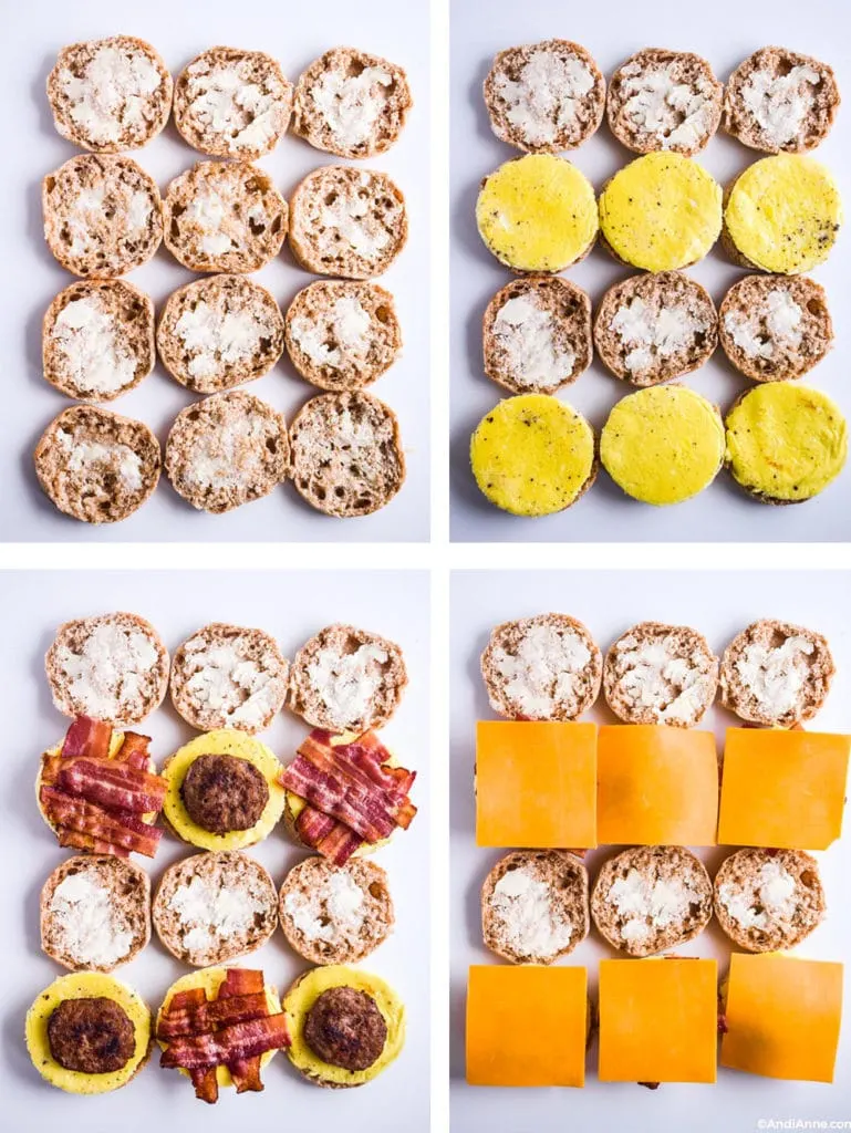 Assembling six breakfast sandwiches on a white surface. First image has buttered english muffins, Second image stacked eggs, third image has sausage and bacon added, and final image has cheese on top of each one.