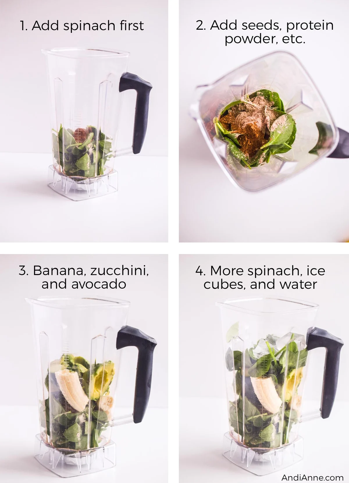 Blender cup holding ingredients to make smoothie. Includes spinach, protein powder, avocado, and ice cubes