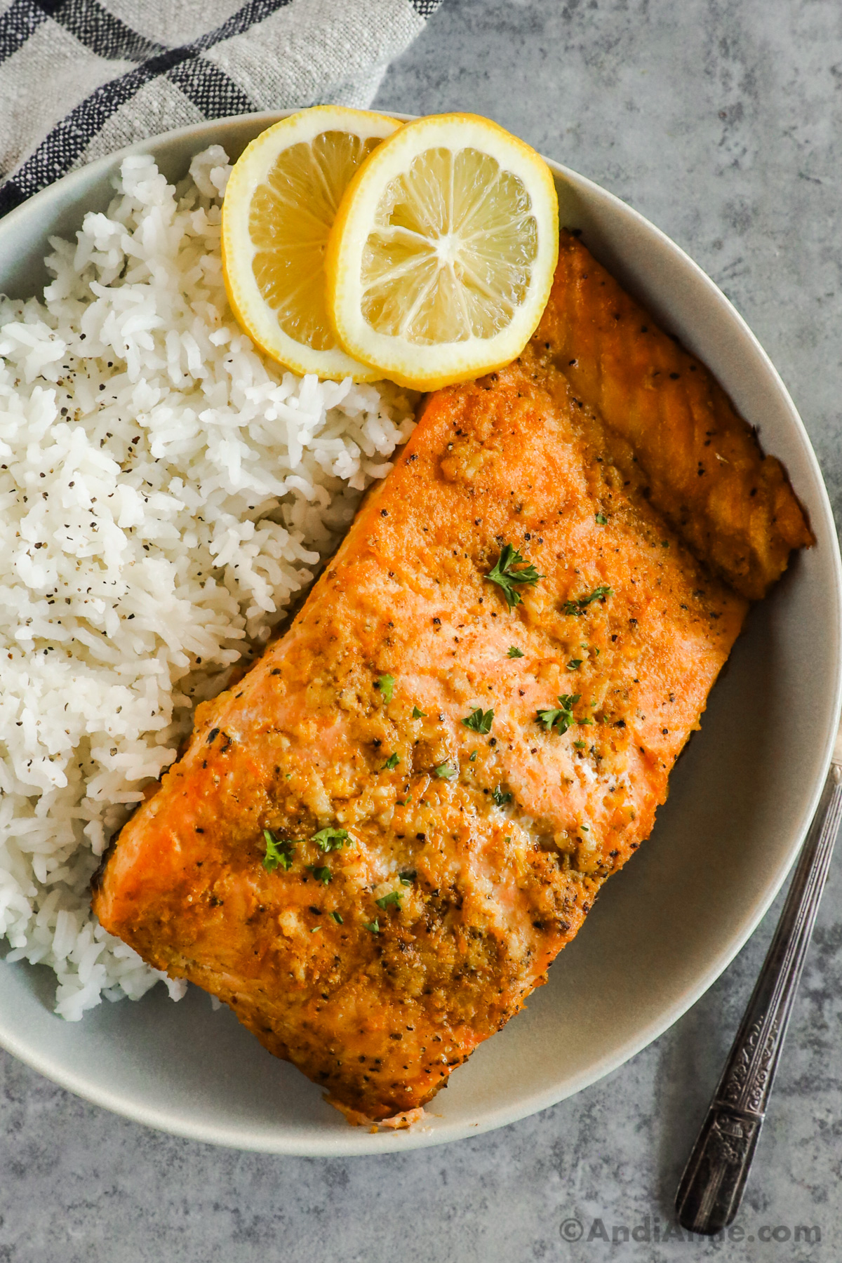 A plated with salmon fillet, rice and slices of lemon.
