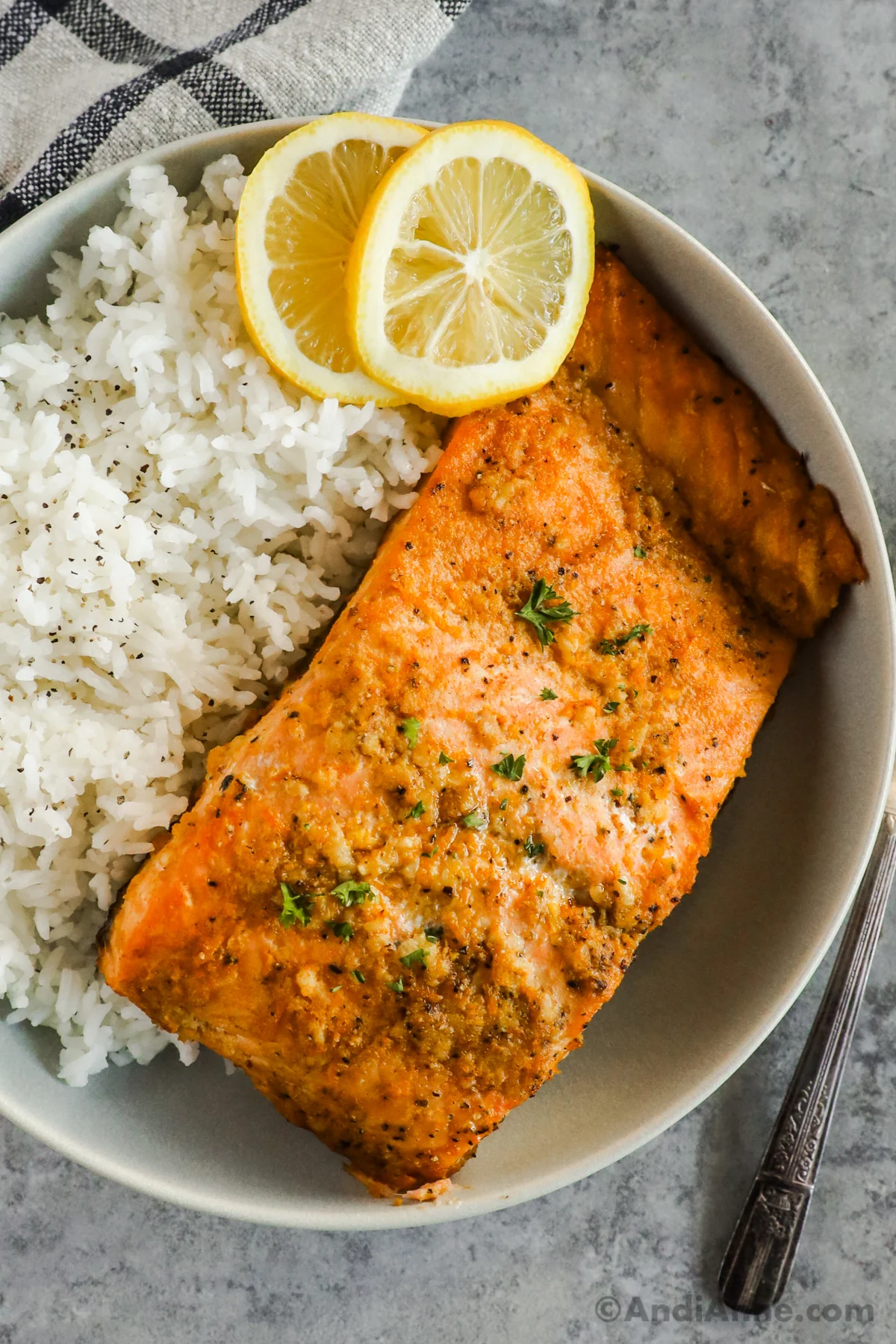 A plated with salmon fillet, rice and slices of lemon.
