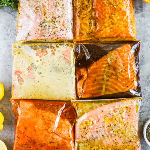 Bags of salmon fillets with marinades