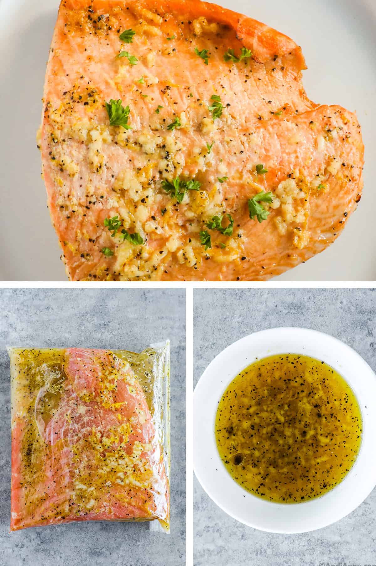 Three images grouped. First is cooked salmon, second is salmon in a bag, third is a bowl of liquid dressing.