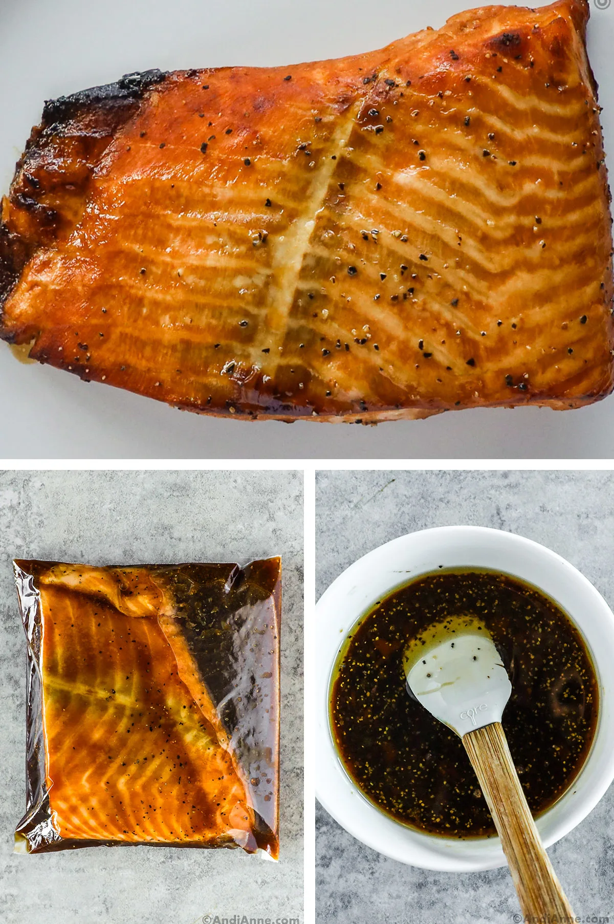 Three images grouped. First is cooked salmon, second is salmon in a bag, third is a bowl of liquid dressing.