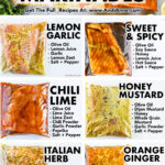 Six salmon marinades in bags with salmon fillets. Lemon garlic, sweet and spicy, chili lime, honey mustard, italian her and orange ginger. All with ingredients listed beside.