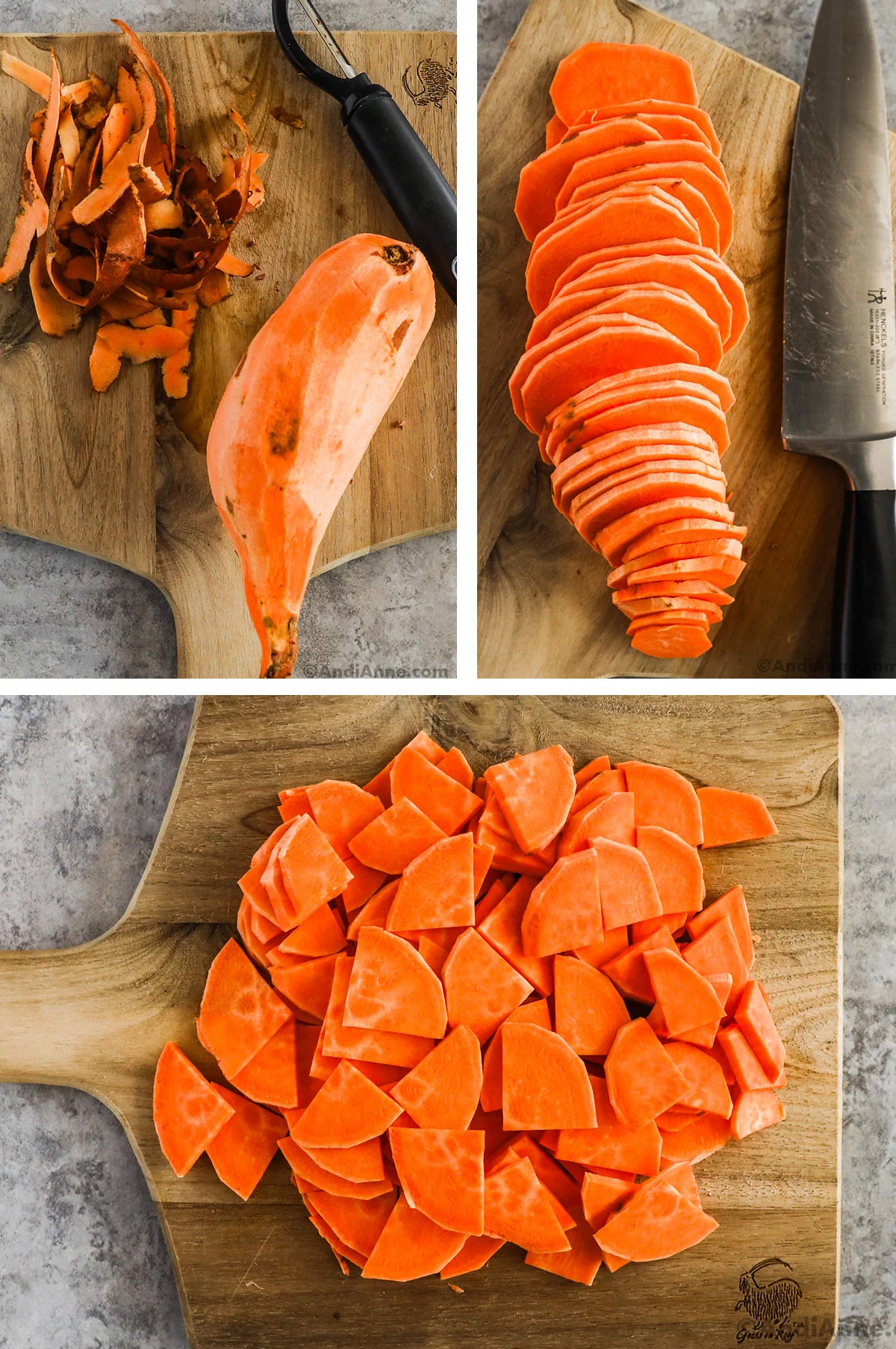 Four images of sweet potato, first peeled but whole, second sliced thin, third, sliced into quarters.