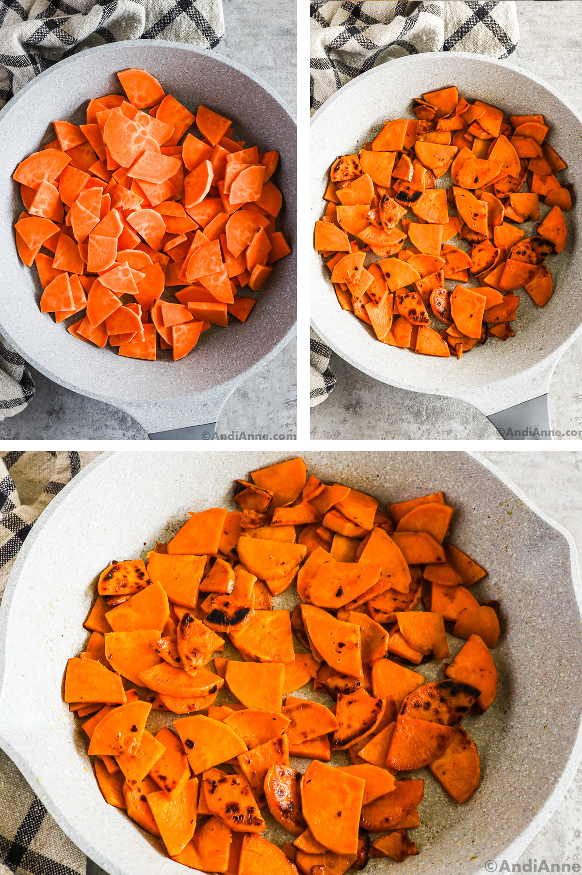 A frying pan with thinly sliced sweet potato, first raw, then cooked.