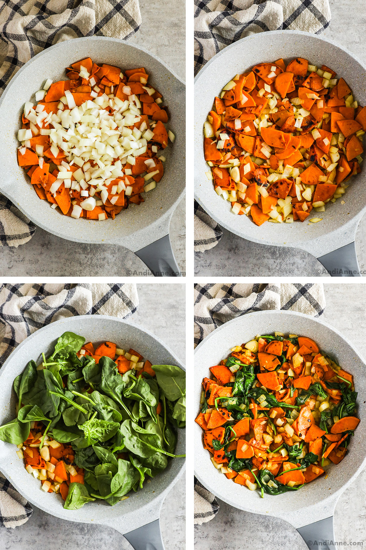 Four images grouped together. First two are sweet potato and chopped onion, unmixed and then mixed. Second two are spinach dumped on top then mixed in.