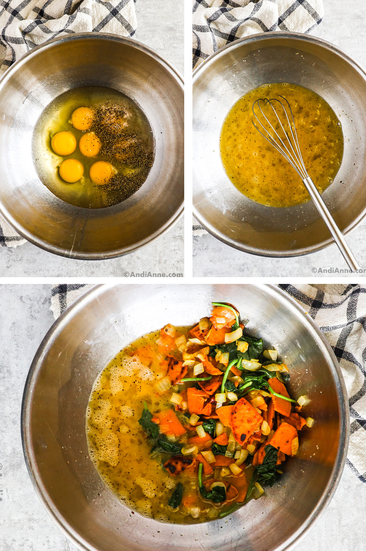 Three images of a large steel bowl. First two are eggs, salt and pepper, first unmixed then beaten together. Last image has cooked veggies dumped into egg mixture.