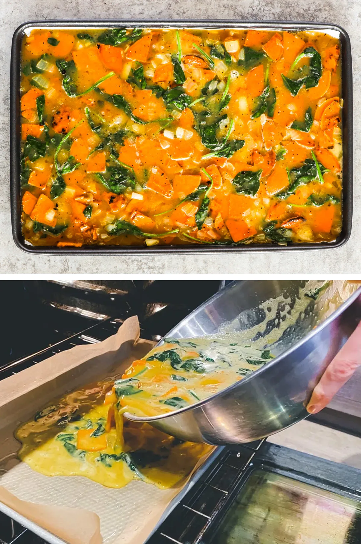 A sheet pan with raw egg mixture, sliced sweet potato and spinach. Second image is a bowl pouring liquid omelette ingredients into a sheet pan in on a rack in the oven.