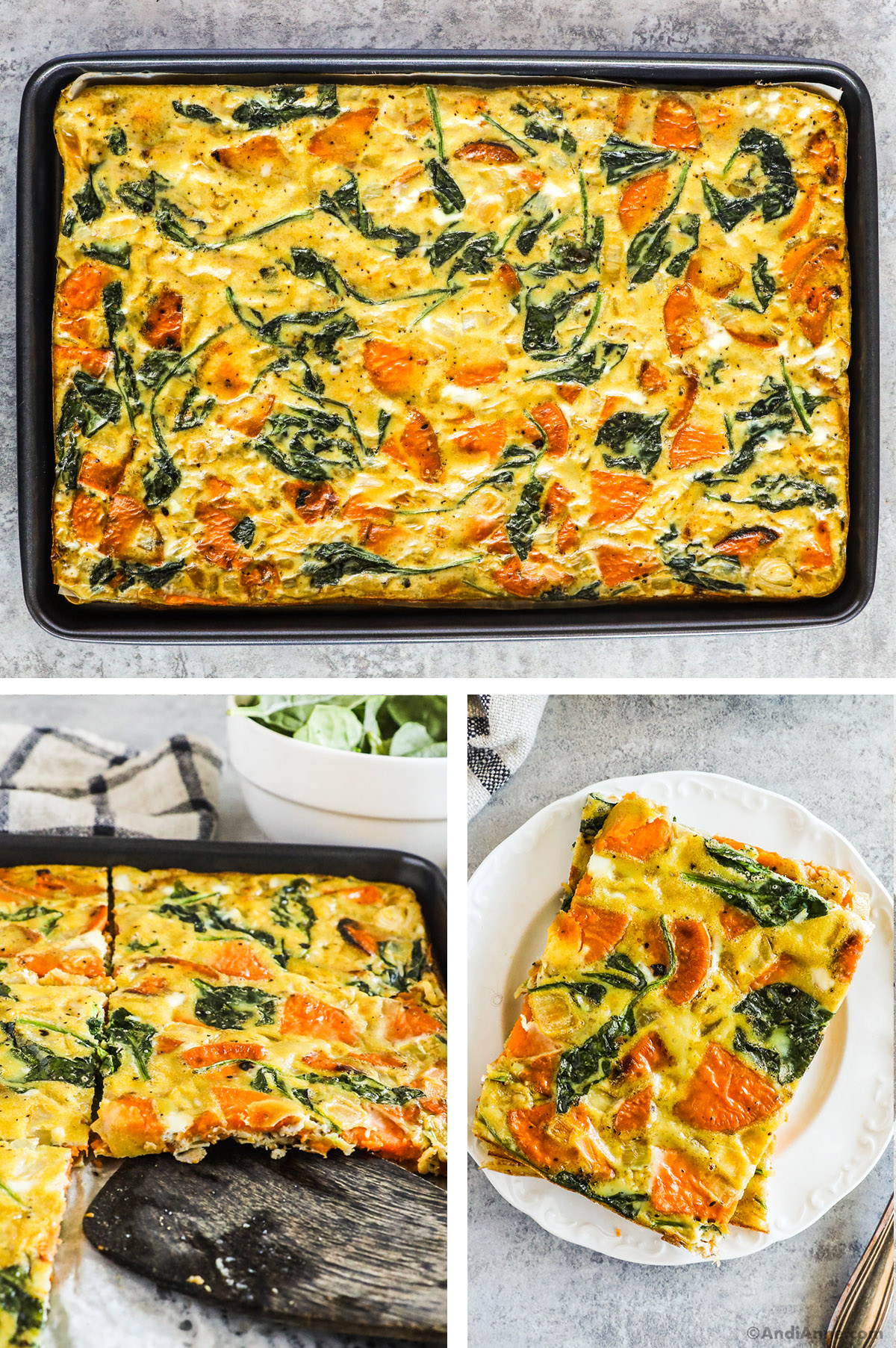 Cooked omelette with spinach and sliced sweet potato in a baking sheet, then sliced into squares and a serving on a plate.