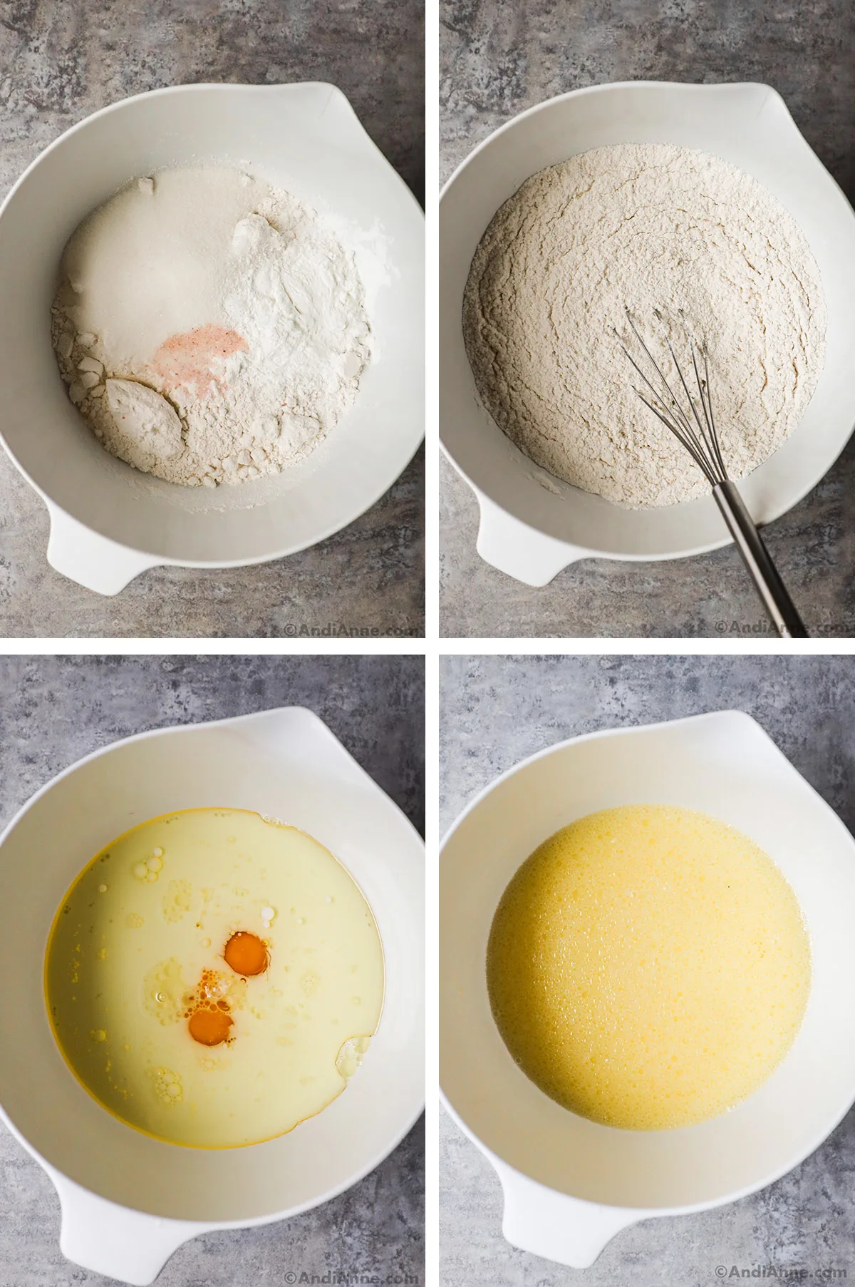 Four images grouped together. First is dry ingredients dumped in unmixed. Second is mixed dry ingredients and whisk. Third is wet ingredients in a bowl unmixed and fourth is wet ingredients mixed.
