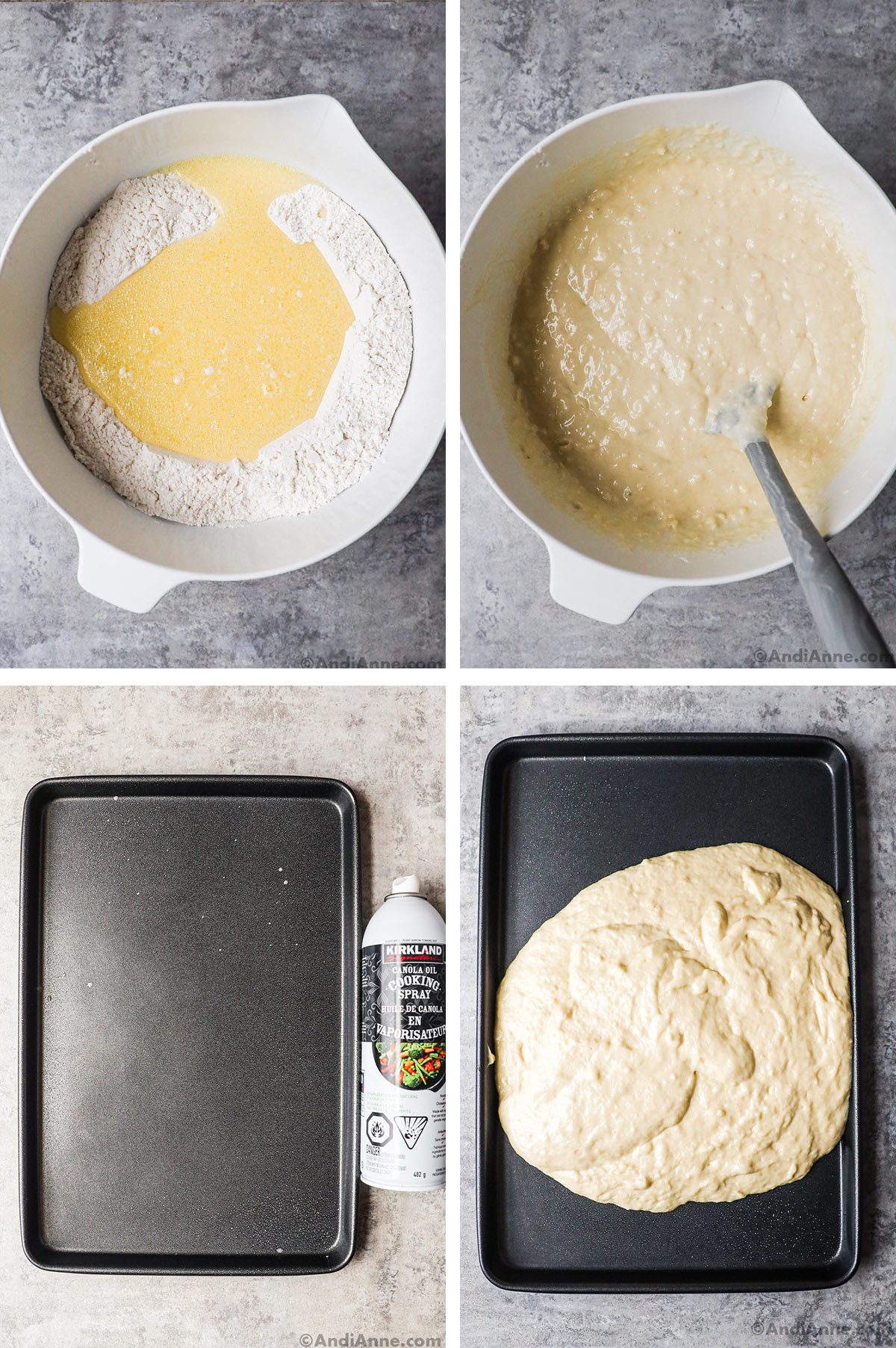 Four images, first is dry ingredients in a bowl with wet ingredients poured on top. Second is wet pancake batter with lumps in a bowl. Third is a baking sheet with cooking spray, fourth is batter poured onto baking sheet.