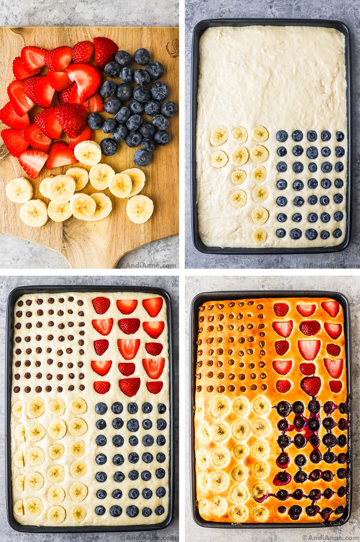 Four images grouped together. First is sliced strawberries, blueberries and bananas on a cutting board. Second is raw pancake batter spread into baking sheet, topped with sliced banana and blueberries. Third is sliced strawberries, bananas, blueberries and chocolate chips on the raw pancake batter. Last image is the cooked sheet pan pancake with toppings. 
