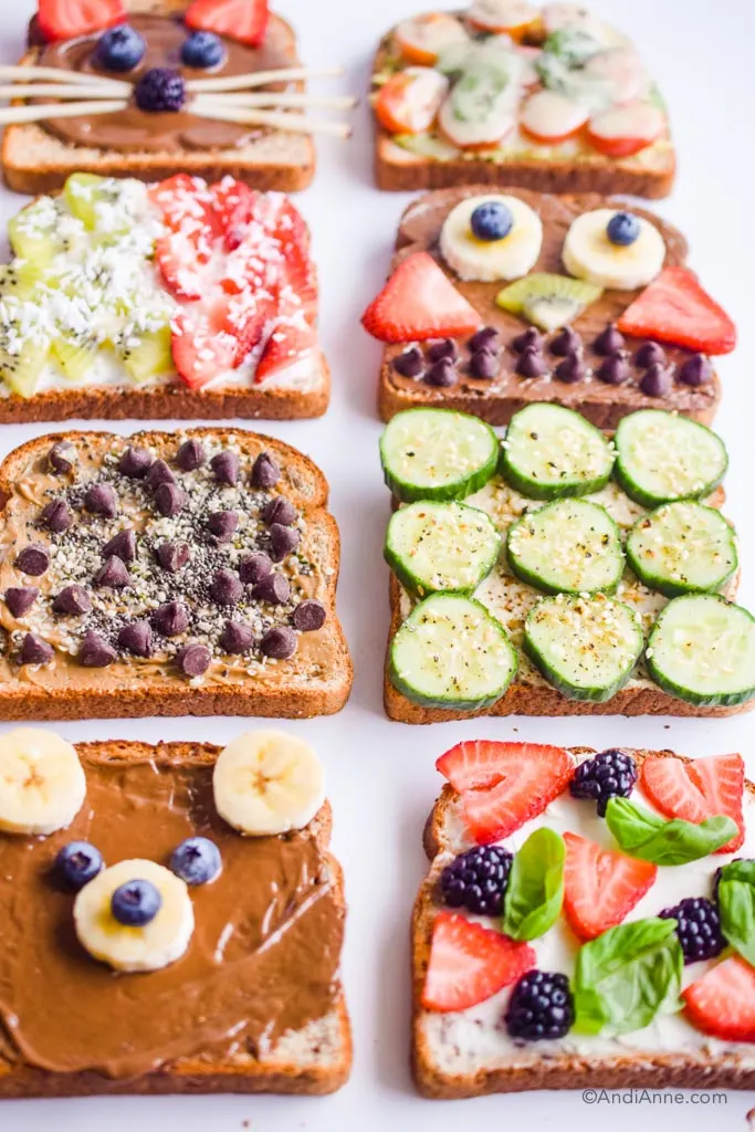 12 healthy breakfast toast ideas using a variety of nut butters, mashed avocado, cream cheese, fresh fruit and vegetables for different flavors.