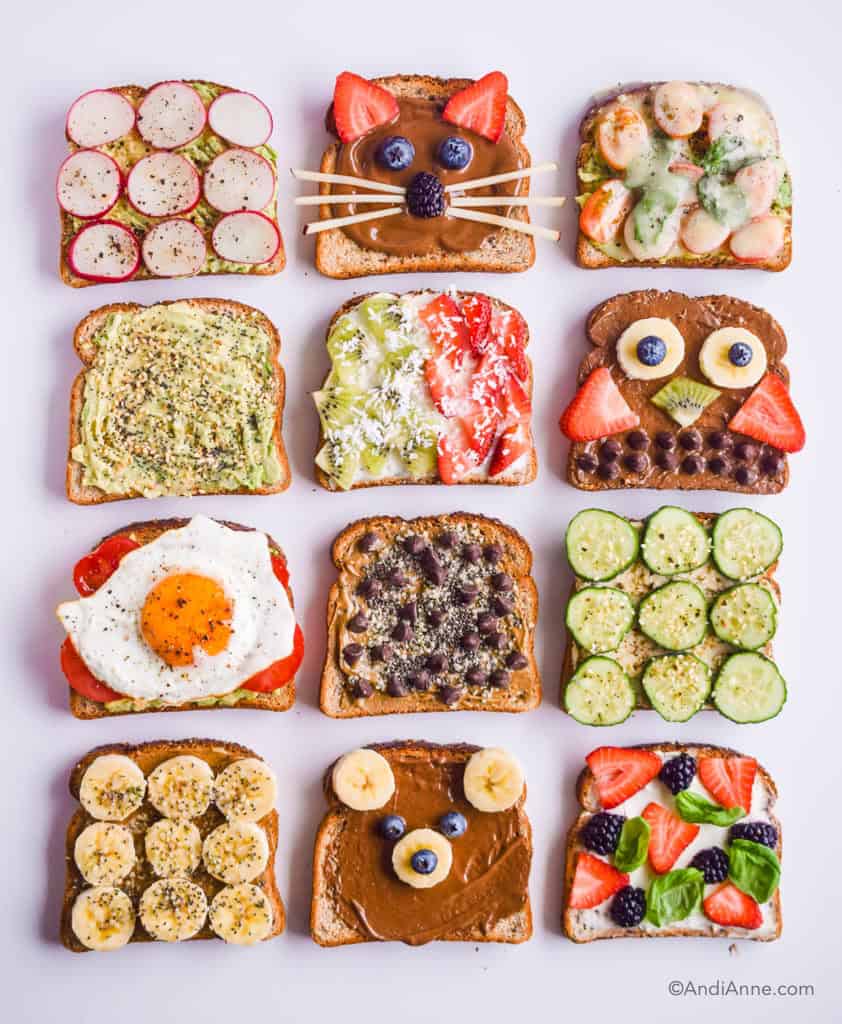 12 healthy breakfast toast ideas using a variety of nut butters, mashed avocado, cream cheese, fresh fruit and vegetables for different flavors.