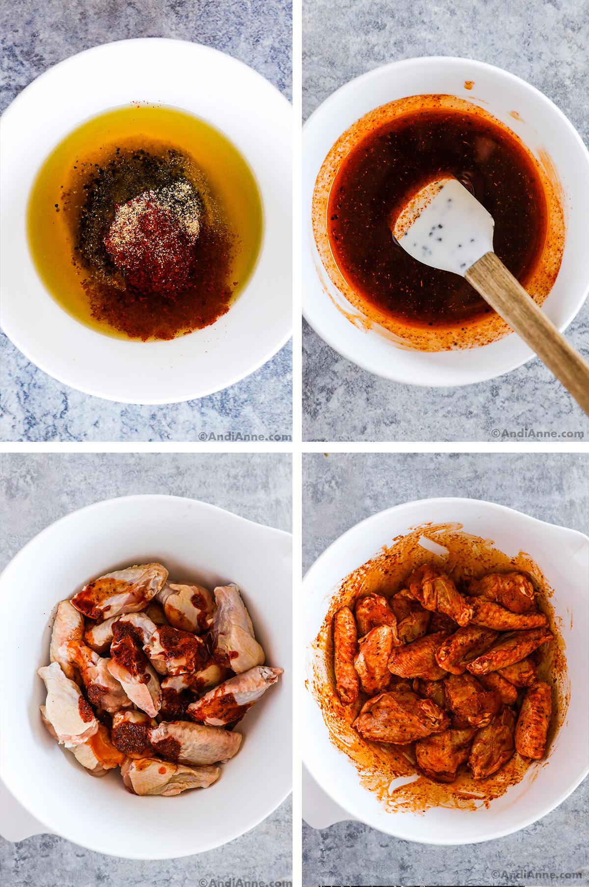 Four images of a bowl, first two are sauce ingredients unmixed and then mixed. Second two have raw chicken wings dumped in, first unmixed then mixed with the sauce.
