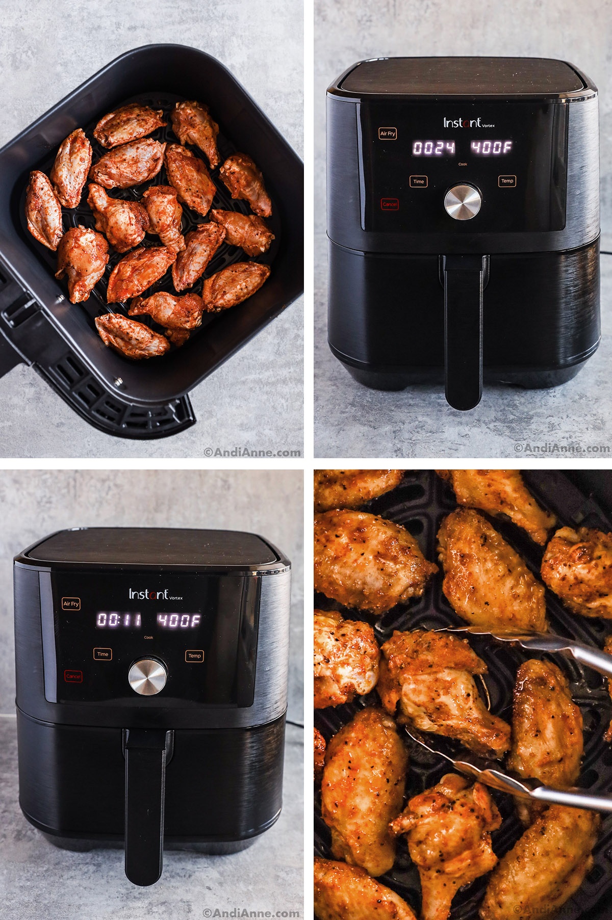 Four images of an air fryer including the basket with raw chicken wings then cooked wings and a pair of tongs.