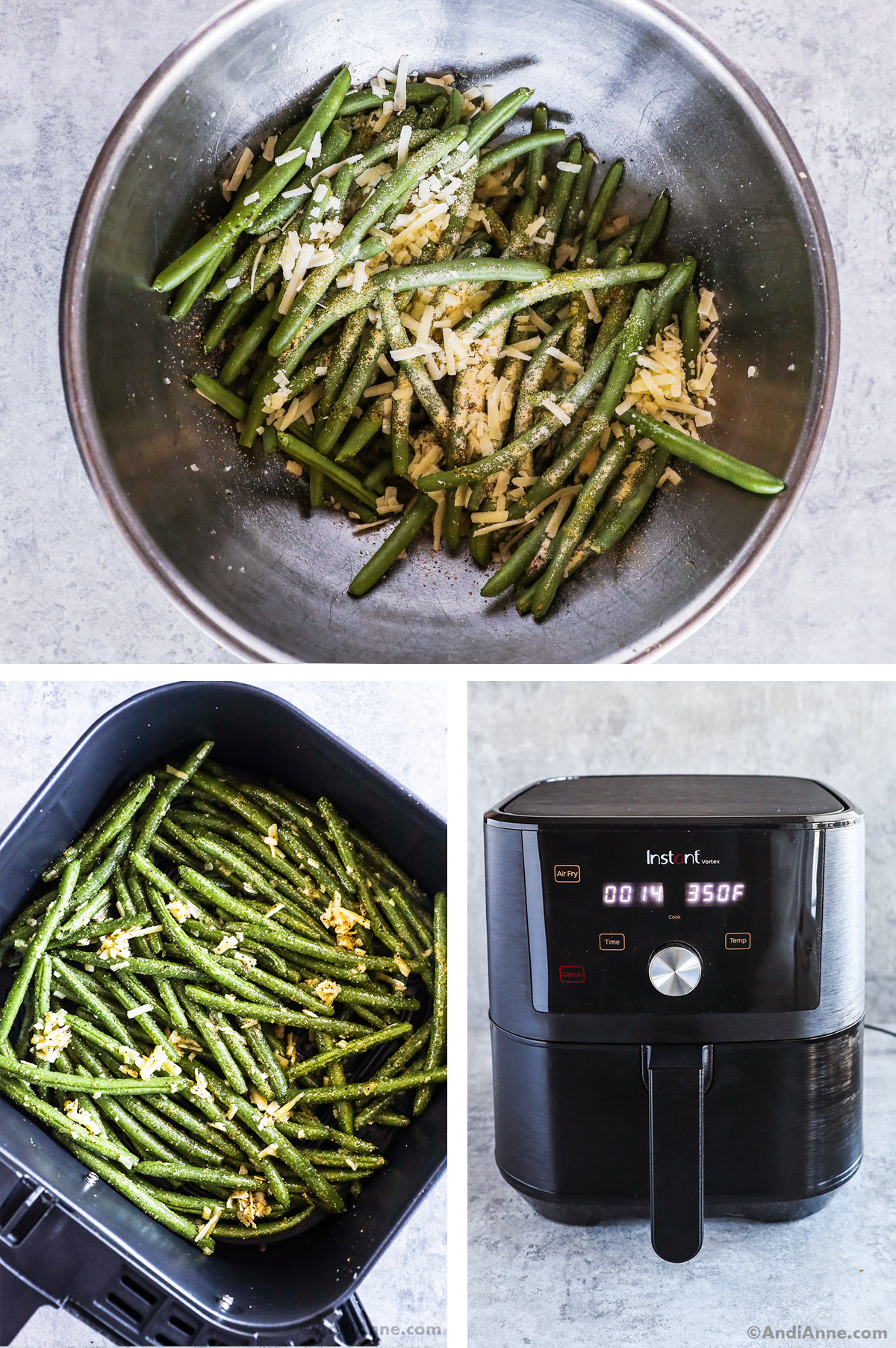 Three images, first is green beans with parmesan, oil, and spices in a large silver bowl. Second is an air fryer basket with seasoned green beans inside, third is an air fryer with temperature of 350F and 14 mins.