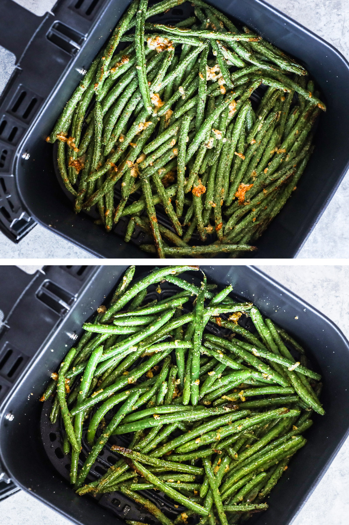 Two images of green beans with parmesan cheese in an air fryer.