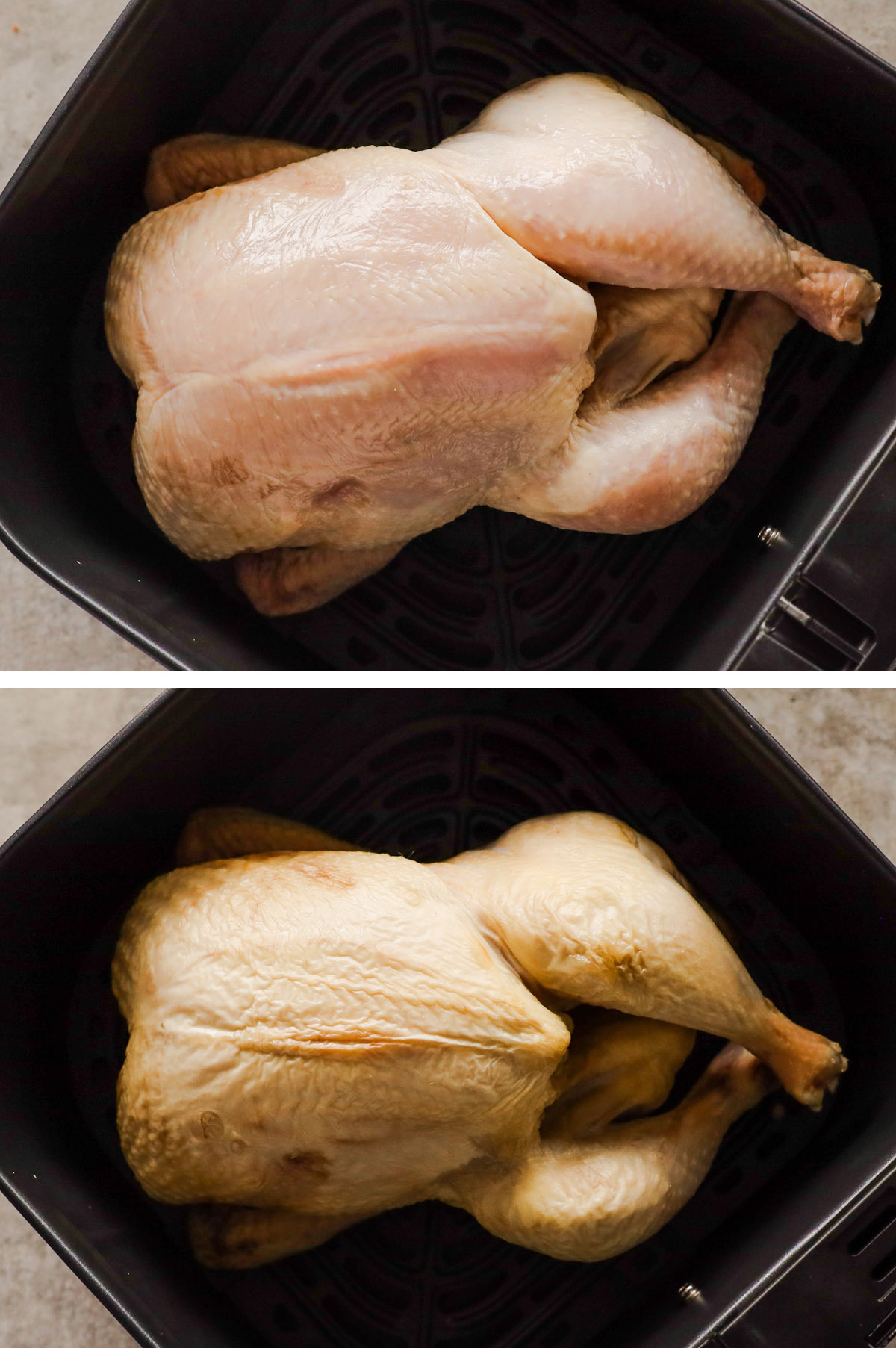 Two pictures of a chicken in an air fryer basket, the first one is raw, the second one is slightly cooked.