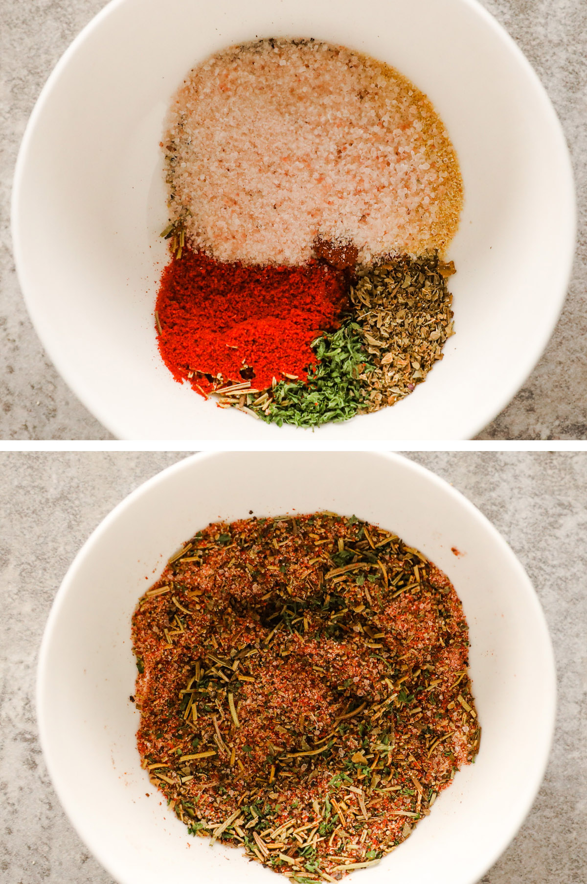 A bowl of spices, first unmixed and then mixed together.