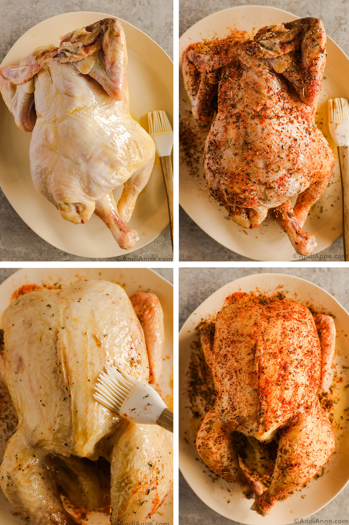 Four images of a raw chicken. First two are the chicken upside down on a plate, first rubbed with oil, then a spice mix. Third image is front side of chicken rubbed with oil, then rubbed with spice mix.