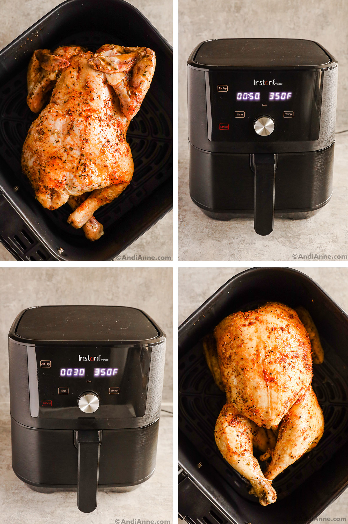 Four images of an air fryer, Two with seasoned whole chicken, one with chicken facing upside down, second with chicken facing up. Other two images are air fryer with temperature and time. 