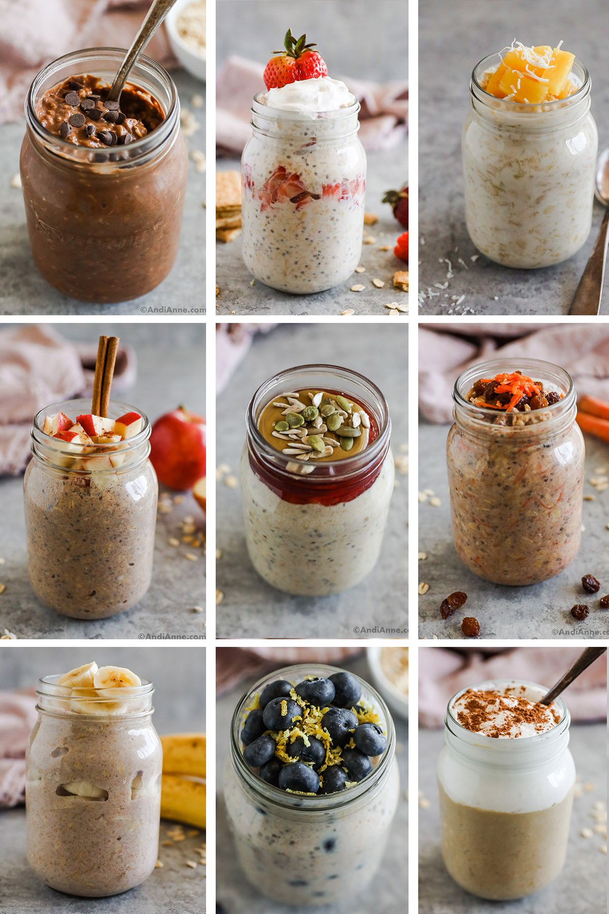 Nine different images of overnight oats in various flavors, all in mason jars.