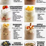 10 best overnight oats recipes, all featured in mason jars with various toppings. Beside each image is a list of ingredients included in each flavor. Flavors include vanilla, chocolate, strawberry cheesecake, pineapple coconut, banana split, apple cinnamon, lemon blueberry, peanut butter and jelly, tiramisu, and carrot cake.