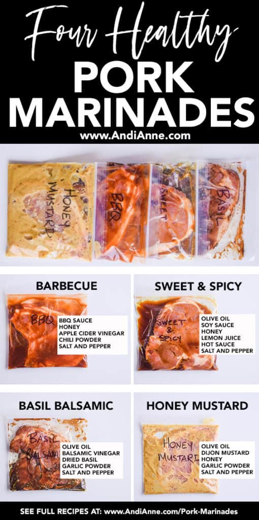 four healthy pork marinades pinterest image with ingredients written over each bag