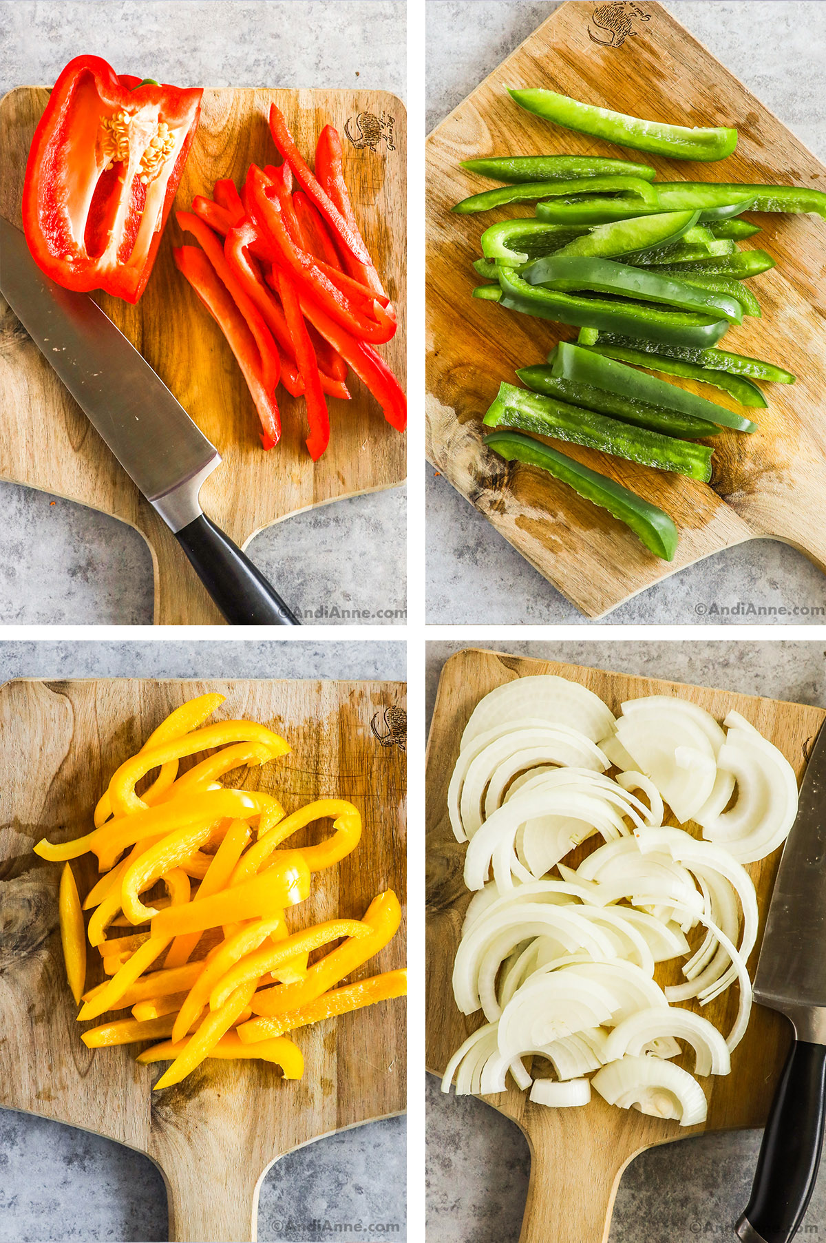 Four images of sliced vegetables in thin strips on a cutting board with a knife.