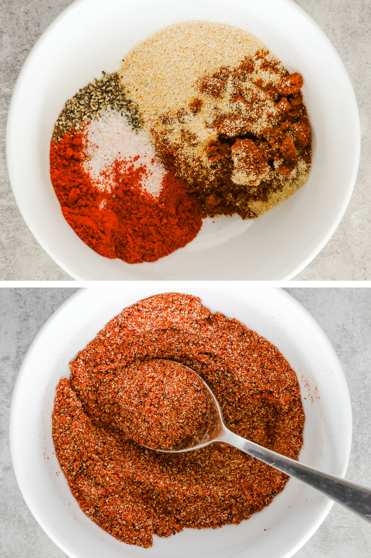 A bowl of various spices dumped in first unmixed, then all mixed together.