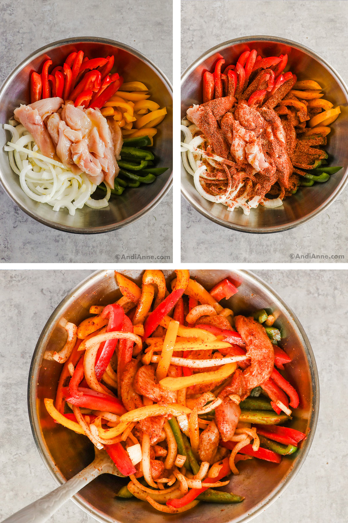 Three images, first is bowl of raw chicken, strips of bell pepper an onion, second image has taco seasoning dumped over top of these ingredients. Third image is all ingredients evenly coated with the taco spice in the large bowl.