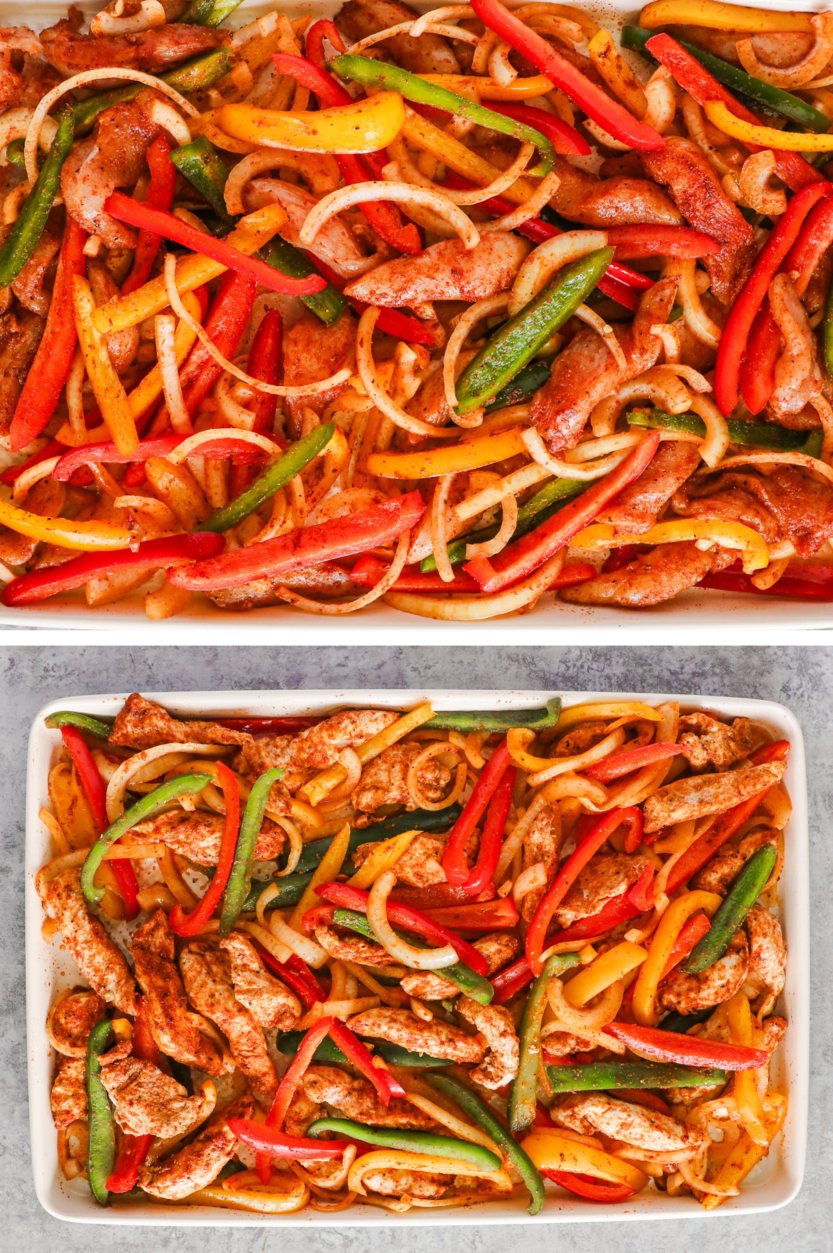 Two images, first is raw chicken and strips of bell pepper and onion all covered in taco spices. Second image is all ingredients cooked together.