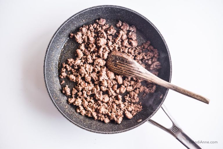 cooked ground beef in a frying pan