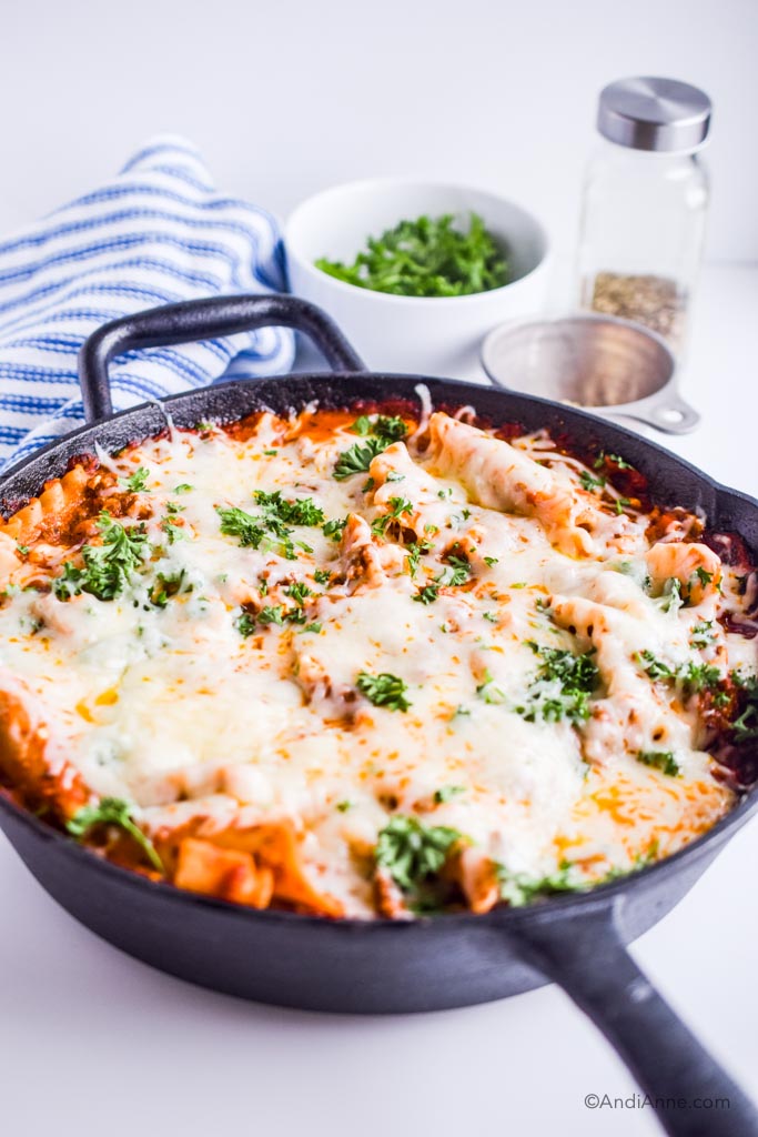 a skillet with lasagna inside