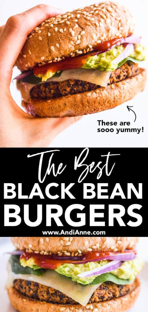 black bean burgers loaded with toppings - cheese, ketchup, onion and mashed avocado. The best black bean burgers. These are sooo yummy!