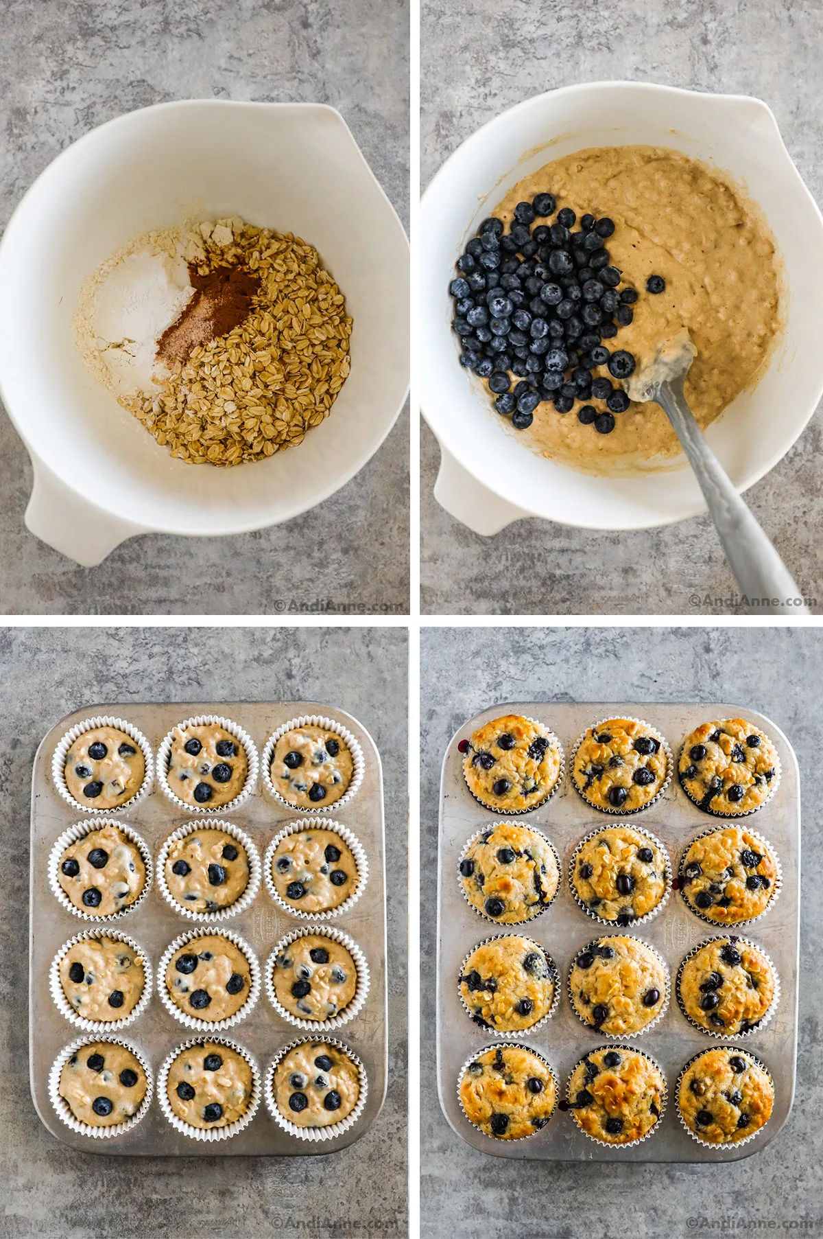 Four images showing steps to make recipe including a bowl of dry ingredients, bowl of batter with blueberries dumped in, unbaked muffins in the muffin tin with paper liners, and bake muffins in the muffin tin.