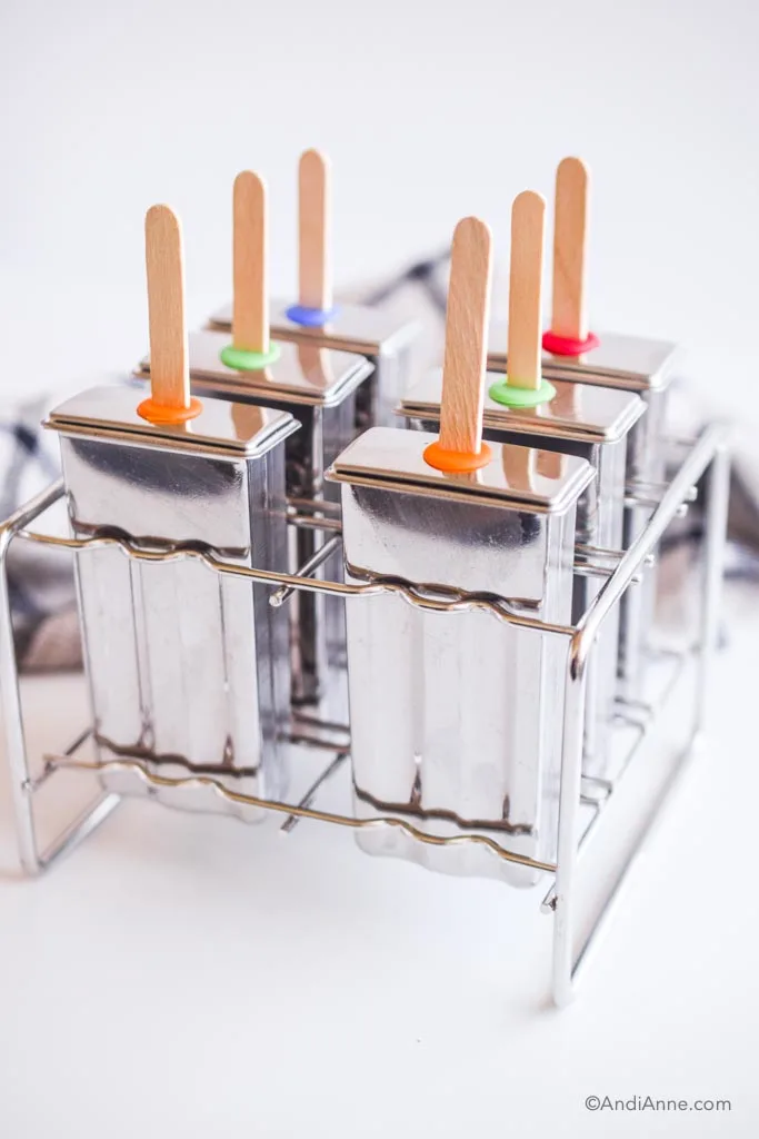 stainless steel popsicle mold with wood popsicle sticks poking out of it