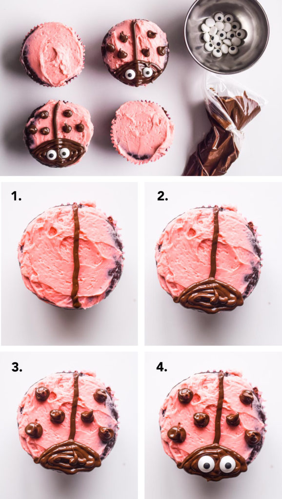 steps to create ladybug design on chocolate cupcake with pink icing. First, draw a line with melted chocolate in plastic piping bag. Add a half circle at bottom for the head, candy eyes, and chocolate dots to represent ladybug spots.